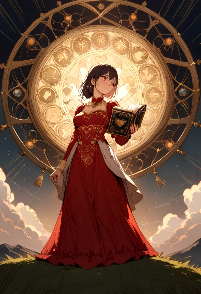 A woman in a love themed red dress with loads of intricate gold love embroidery, carrying a tome, on a hill top, two astrological sign light up brightly in the skies with the connective lines
