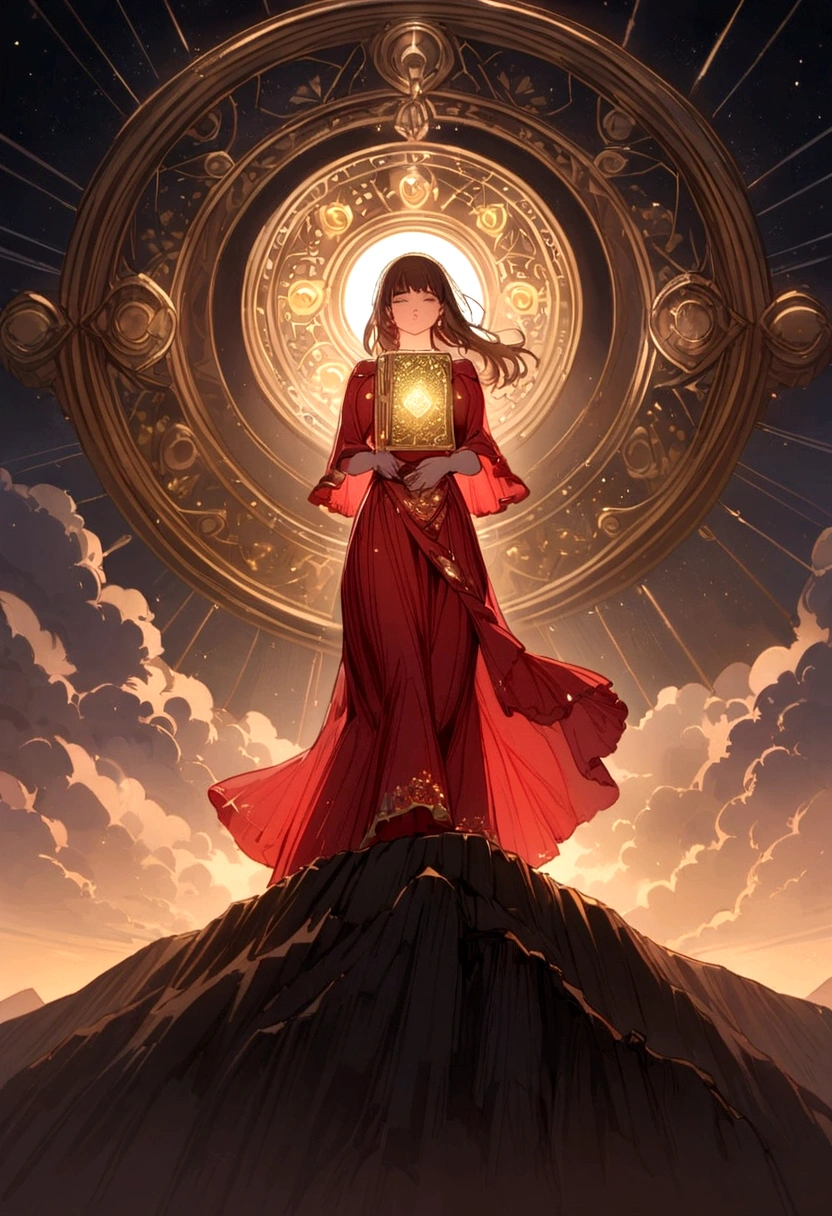 A woman in a love themed red dress with loads of intricate gold love embroidery, carrying a tome, on a hill top, two astrological sign light up brightly in the skies with the connective lines