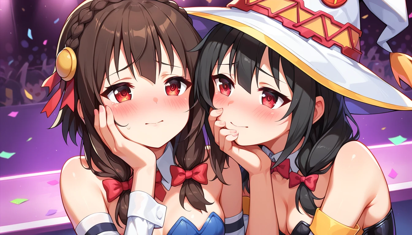 ((2girls:1.3)), ((moe style:1.3)), ((rave party:1.3)), bunny girl outfit, ((kabedon:1.3)), ((hand on face:1.3)), teasing, ((medium full shot)), yuri, ((black hair:1.3)), megumin (konosuba), yunyun (konosuba), ((shy:1.3)), blush, ((perfect face)), ((extremely cute:1.3)), ((masterpiece:1.3)), ((8k)), ((best quality:1.3)), ((beautiful)), ((extremely detailed:1.3)) , ((absurdres)), AddXL, ((score_9:1.3)), ((score_8_up:1.3)), ((score_7_up:1.3)), Expressiveh