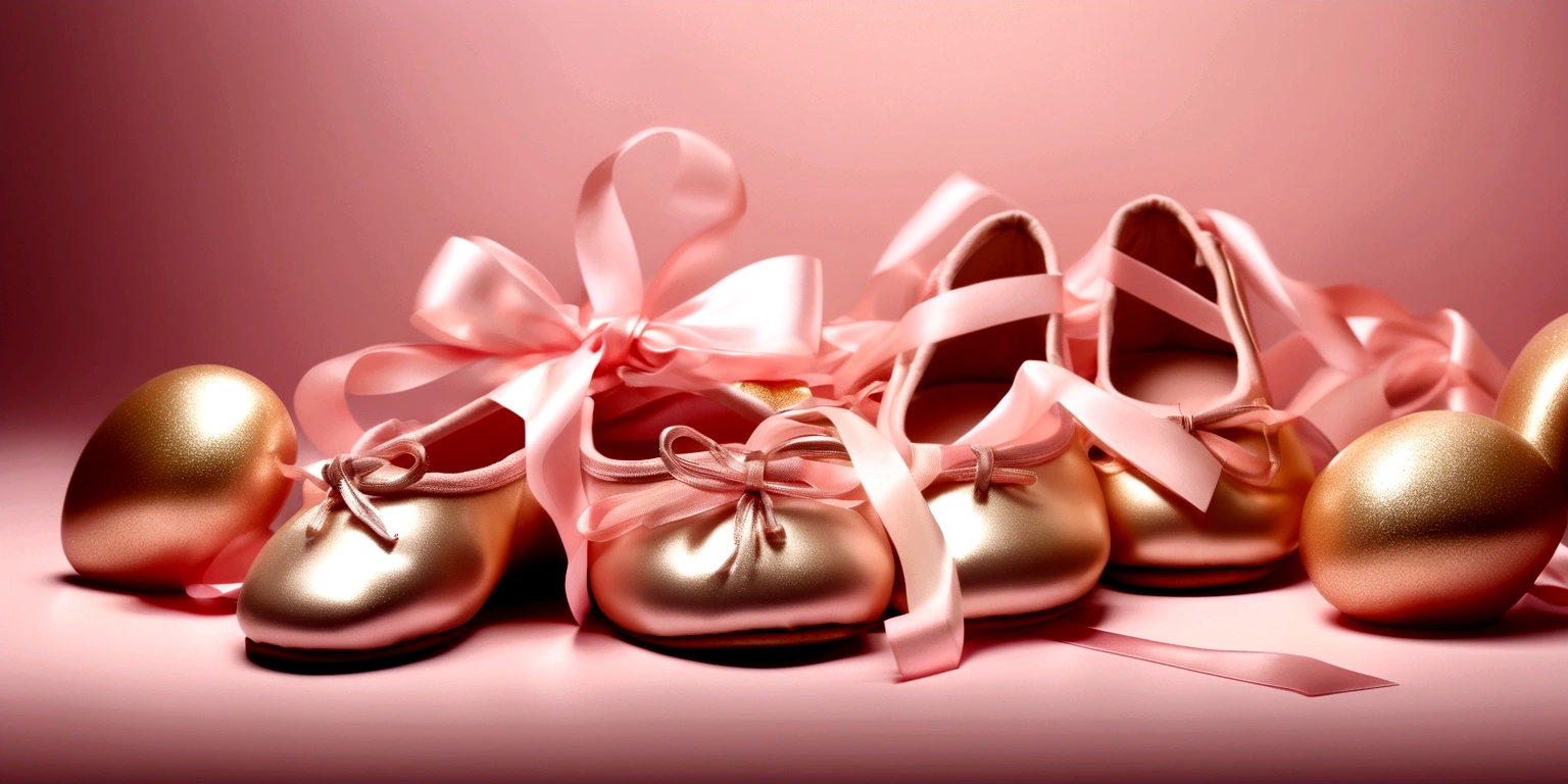 Banner graph;poster;There is a pair of ballet shoes in the center of the picture,Wrapped in golden pink ribbon;dream,mystery;Big scene;golden pink tone。Low saturation;