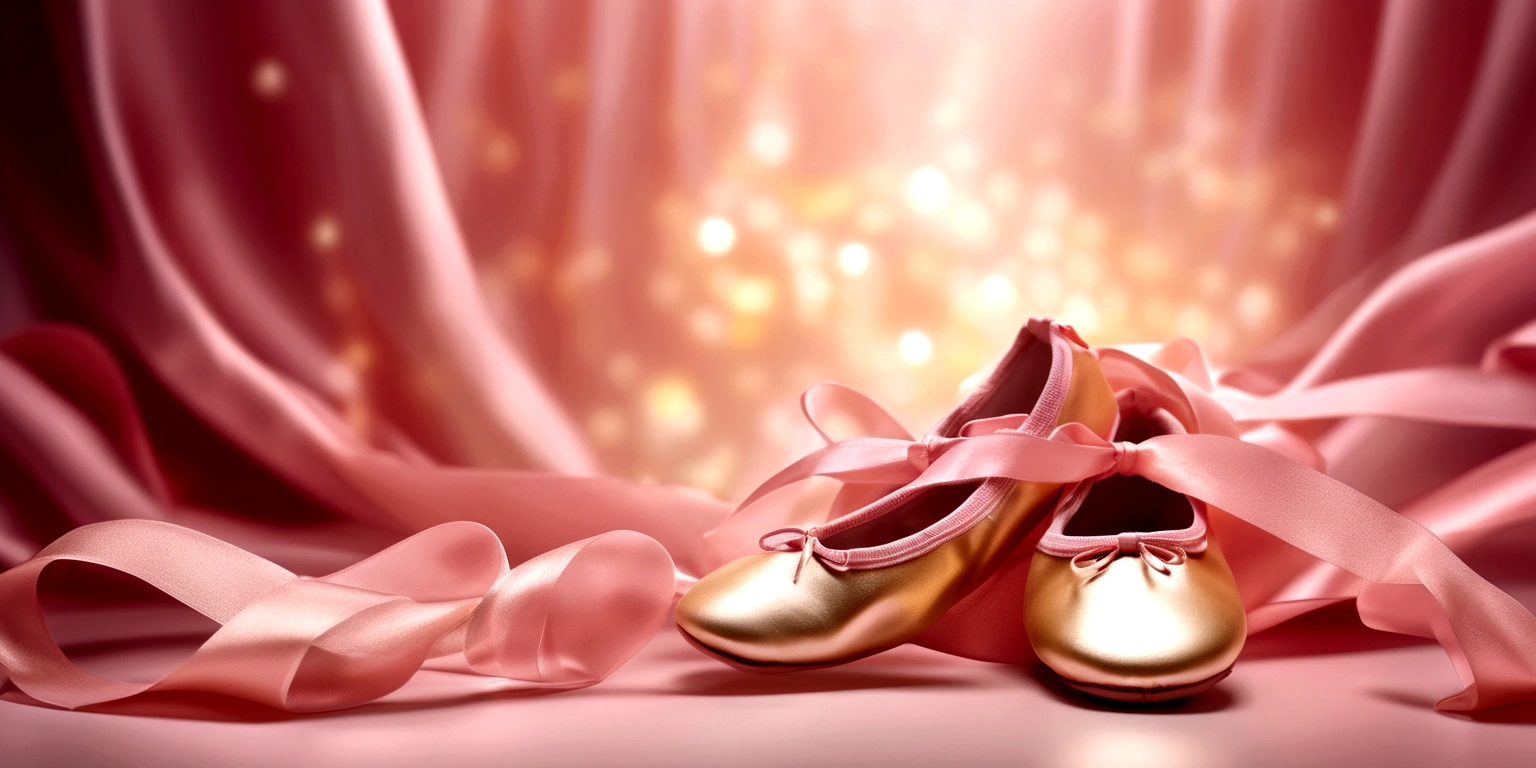 Banner graph;poster;There is a pair of ballet shoes in the center of the picture,Wrapped in golden pink ribbon;dream,mystery;Big scene;golden pink tone。Low saturation;