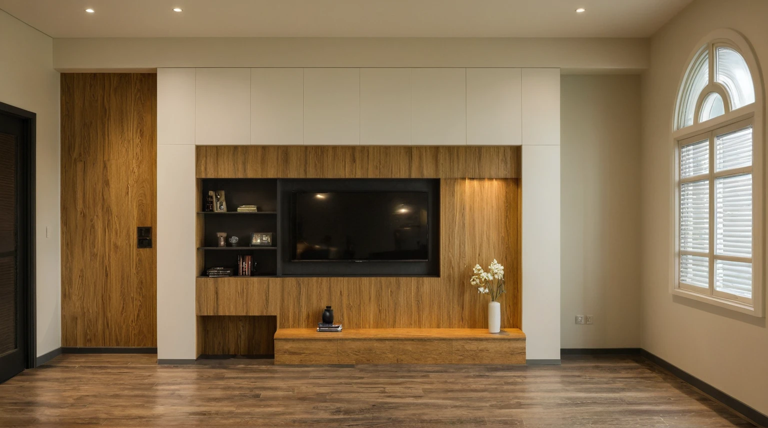 Raw photo, Masterpiece, high quality, best quality, authentic, super detail, interior, indoors,  style modern, minimalist line, wooden, oak wood, LED light, white paint wall, LIVING ROOM, PEN HOUSE, bedroom, wooden window, japan style, wasabi style, Jen style, steel stair, glass railing, paint wall decor, bookshelf, livingroom, 