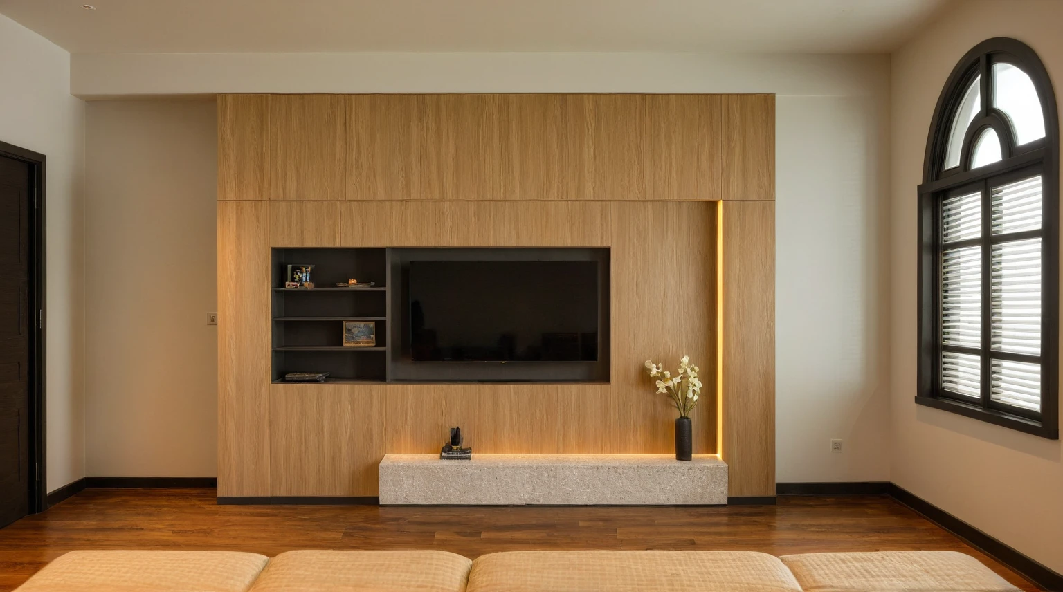 Raw photo, Masterpiece, high quality, best quality, authentic, super detail, interior, indoors, style modern, minimalist line, wooden, oak wood, LED light, white paint wall, LIVING ROOM, PEN HOUSE, bedroom, wooden window, japan style, wasabi style, Jen style, steel stair, glass railing, paint wall decor, bookshelf, livingroom,