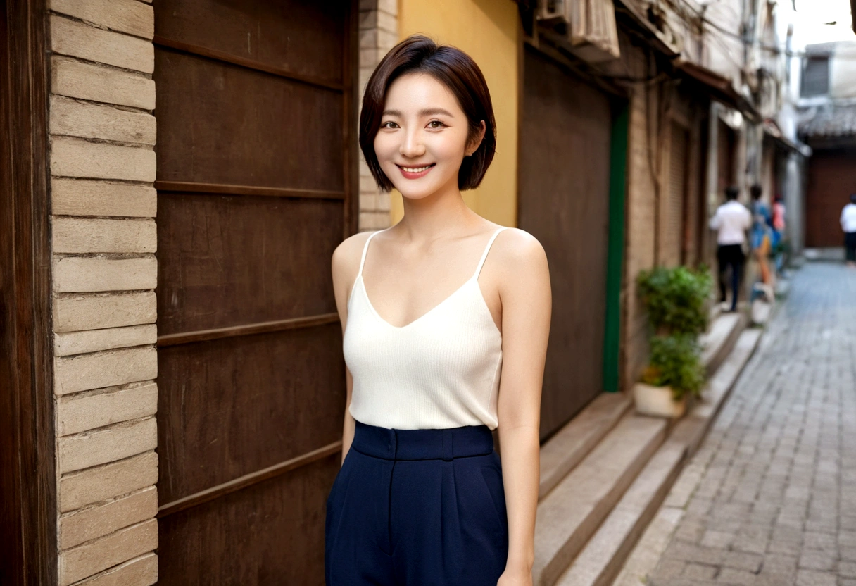 8K, 36-year-old female from South Korea, beautiful and pretty. short medium hair, A trip to an alley where Italian crowds come and go, Vivid picture quality, 18-135mm 렌즈가 장착된 Canon eos 90d DSLR 카메라를 사용하여 full body shot , Detailed skin texture , detailed face , smile. low exposure angle : high dynamic range (HDR) launch. full body shot. fine knit casual pants