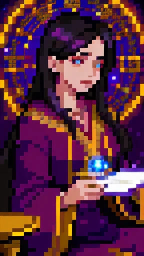 realistic high quality digital painting of an astrologer, woman with mystic aura, detailed face, long dark hair, wearing ornate robes, sitting at a desk with astrological charts, glowing celestial symbols floating around, dramatic lighting, fantasy, cinematic, muted color palette