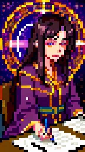 realistic high quality digital painting of an astrologer, woman with mystic aura, detailed face, long dark hair, wearing ornate robes, sitting at a desk with astrological charts, glowing celestial symbols floating around, dramatic lighting, fantasy, cinematic, muted color palette