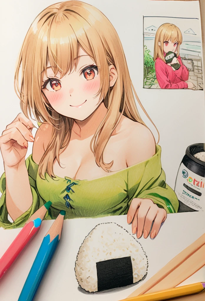 Alpaca Holding an Onigiri 、Art,ad,colour pencil drawing,draft drawing ,comic collage