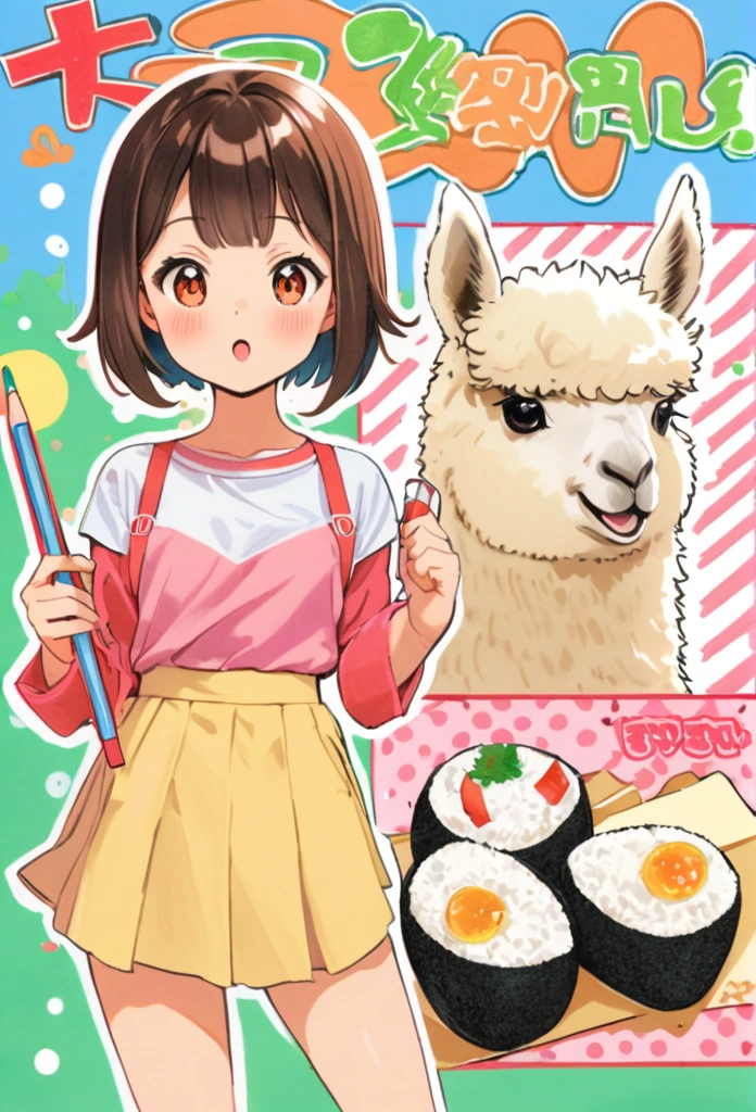 Alpaca Holding an Onigiri 、Art,ad,colour pencil drawing,draft drawing ,comic collage