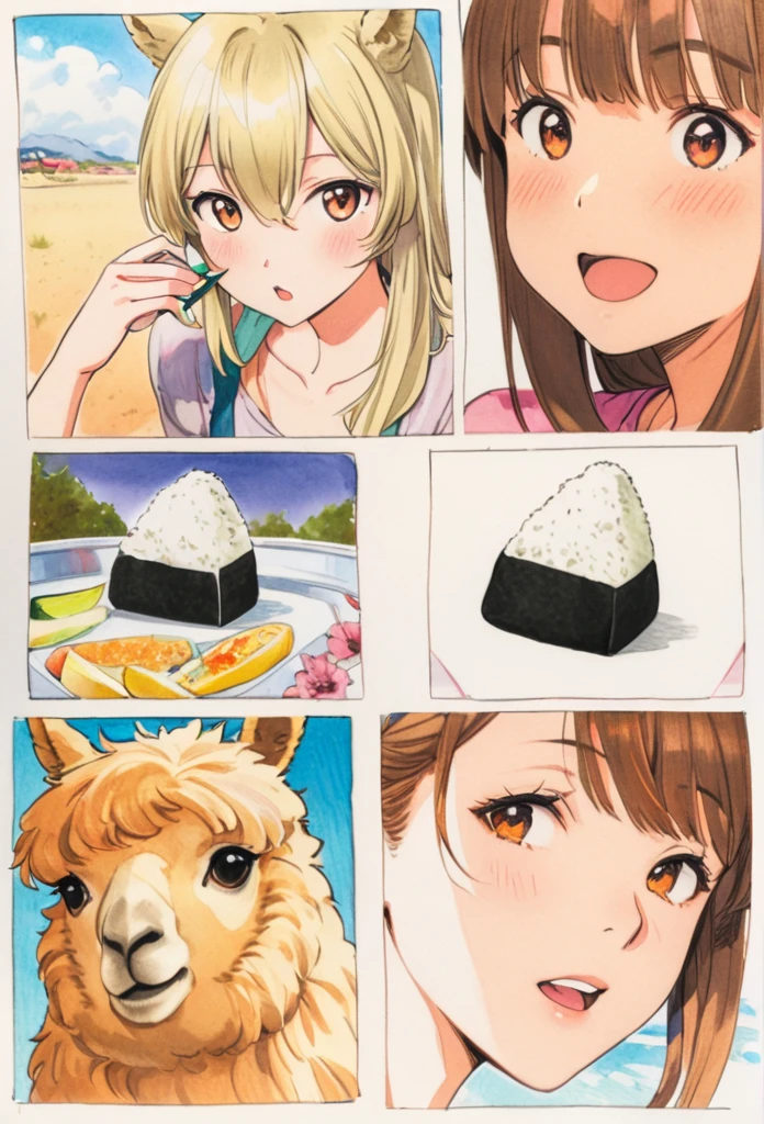 Alpaca Holding an Onigiri 、Art，ad，colour pencil drawing，draft drawing ，comic collage