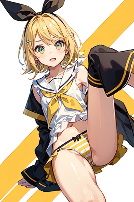 Highest quality ,masterpiece, One girl, Kagamine Rin , Hair Ribbon, bow, White shirt, Sailor collar, No shorts allowed, No pants, Without skirt, 
Fine and shiny eyes, Flat Chest, High resolution, wallpaper, 8K, Best lighting, Highly detailed illustrations
blush, Embarrassing, smile, Open your mouth 
((Realistic striped yellow panties)), Crotch seam, ((Panty shot)), 
White Background , Browsing Caution, ,
Dynamic pose, Dynamic Angle