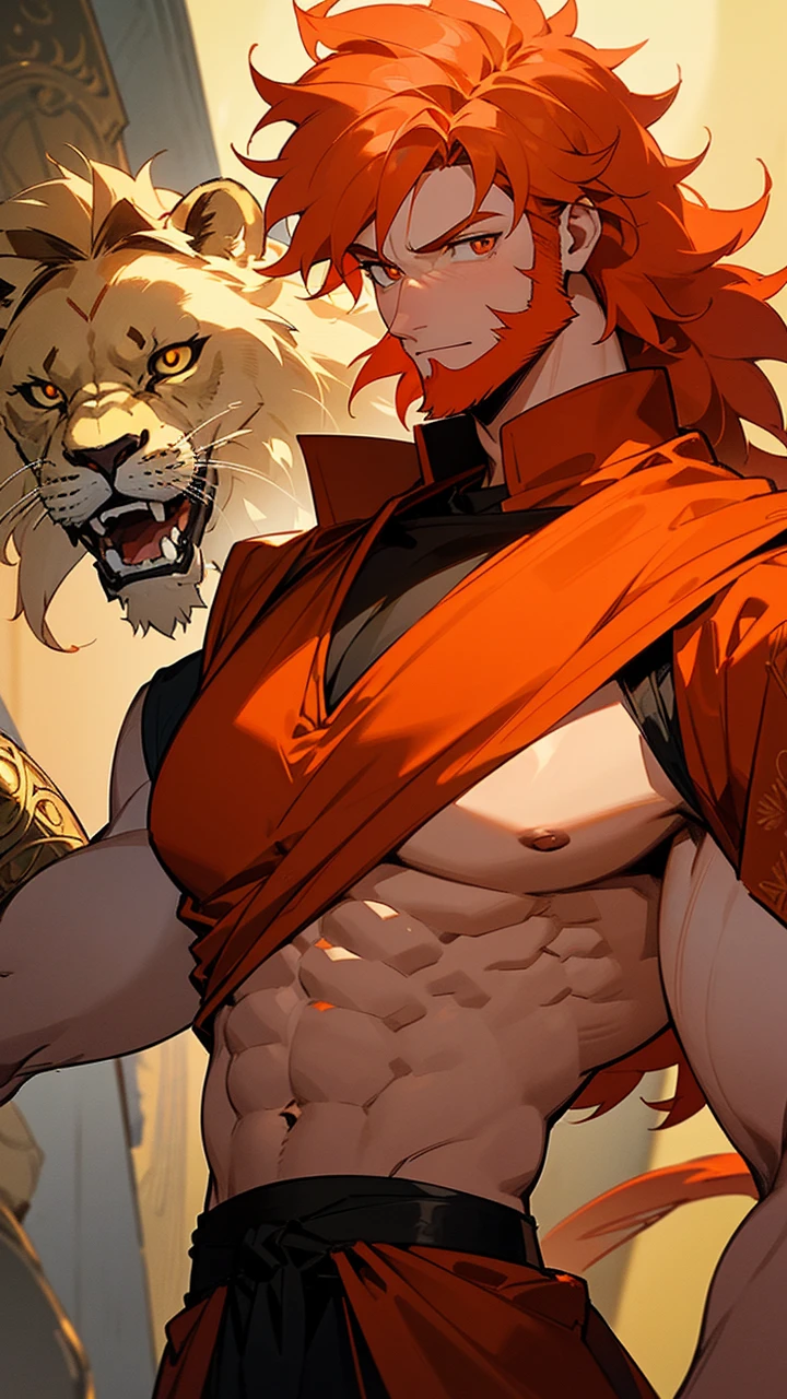 Draw a 27-year-old boy of Muslim origin with orange hair and a short beard, orange eyes, light skin, wearing red and white Muslim clothing with a gold engraved lion., stomach 1.70 meters and usually wears a red vest with a lion engraved from the year 1500 anime version