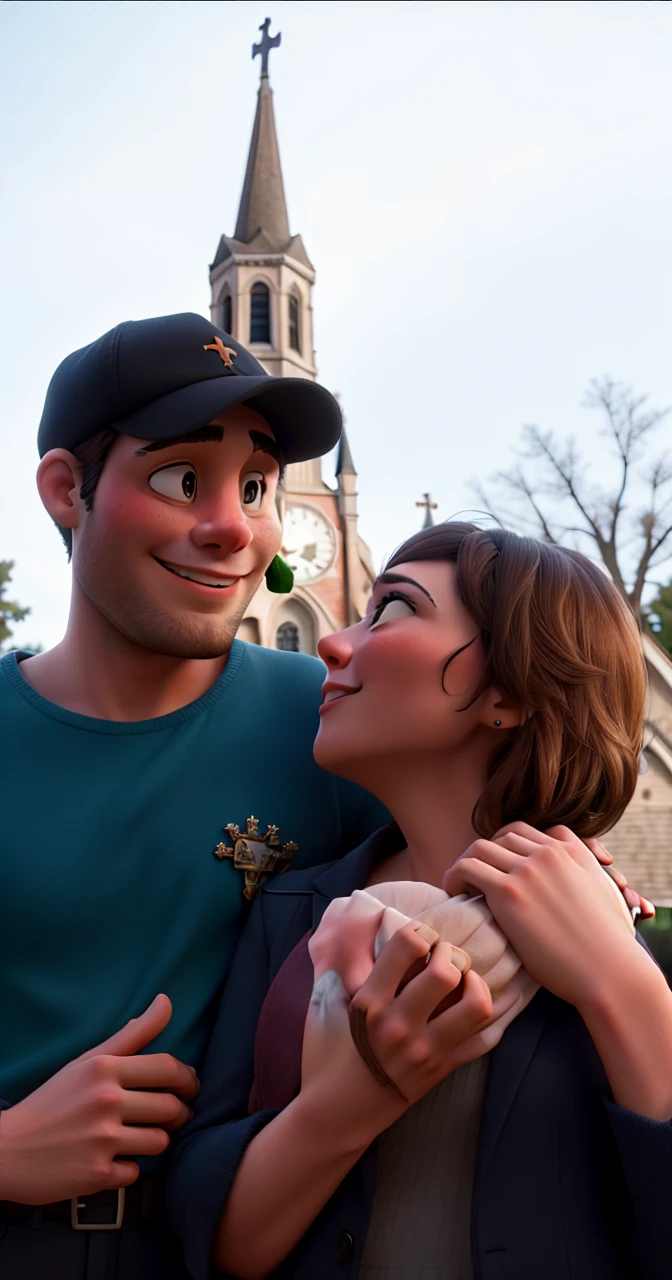 A romantic couple in front of the church