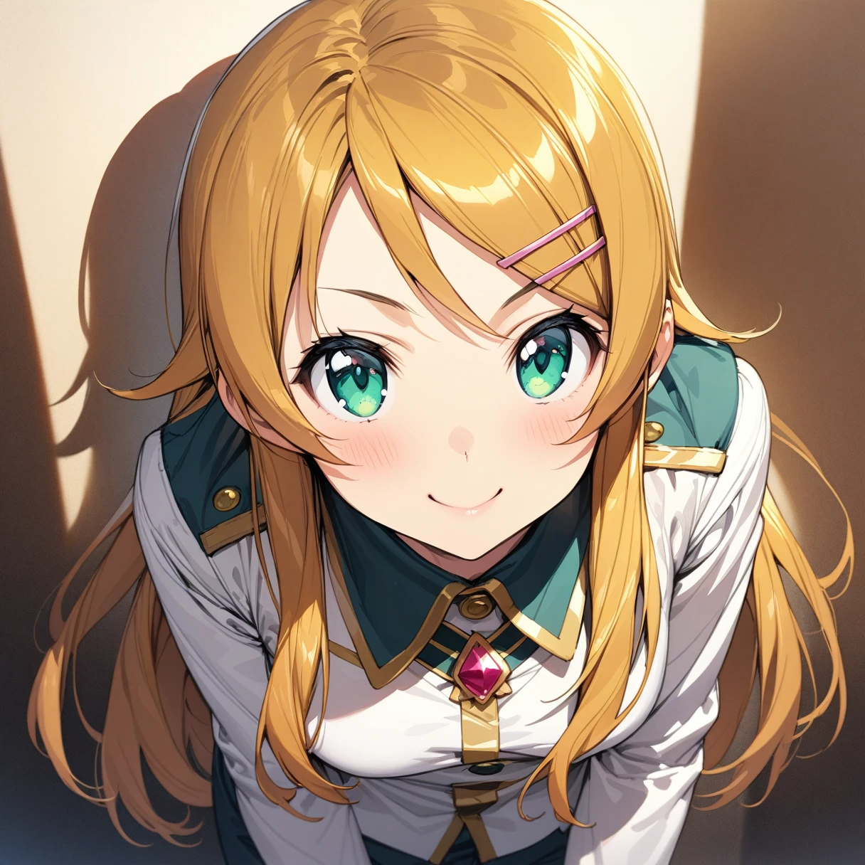 (masterpiece),(Highest quality),(Super detailed),(Best illustrations),(Best Shadow),(Absurd),(Detailed Background),(so beautiful), kirino kousaka, Blonde, Long Hair, Hair Clip, Green Eyes, bangs,  uniform, View your viewers, Upper Body, smile, Leaning forward 