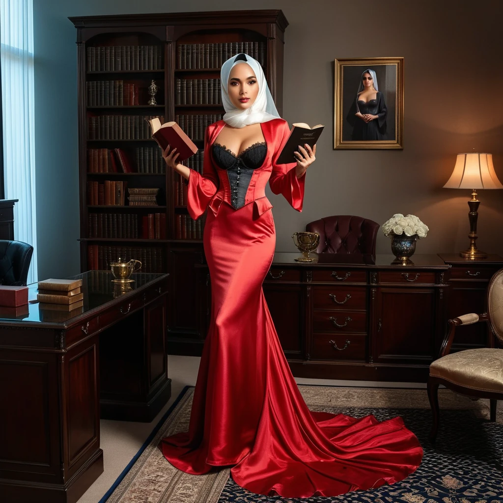 A woman secretary in the translucent red night gown, half naked, wear corset with bra expose, wear blazer,wearing satin hijab, full body,mermaid tight long gown, flowy dramatic long gown,very long flor length gown, tall women, in office room,wear glass, hold a book,
 sexy face, sexy pose, wear high heels, masterpice, hyper realistic