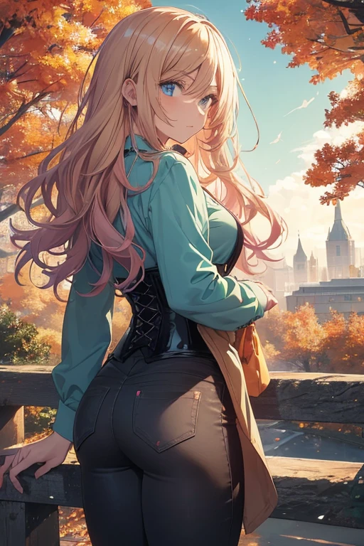 Illustration of a young, female teacher in an anime style. She has long, wavy blonde hair with pink highlights, wearing a light blue, ruffled blouse and a black corset over skinny tight jeans the color of a dark green. She is wearing black riding boots. Her expression is serious and slightly surprised. She has blue eyes and extends her hand forward holding a blue book with golden characters on the cover. The background shows a landscape transitioning from autumn to winter, with trees bearing both colorful autumn leaves and frosty branches, under a chilly, overcast sky.