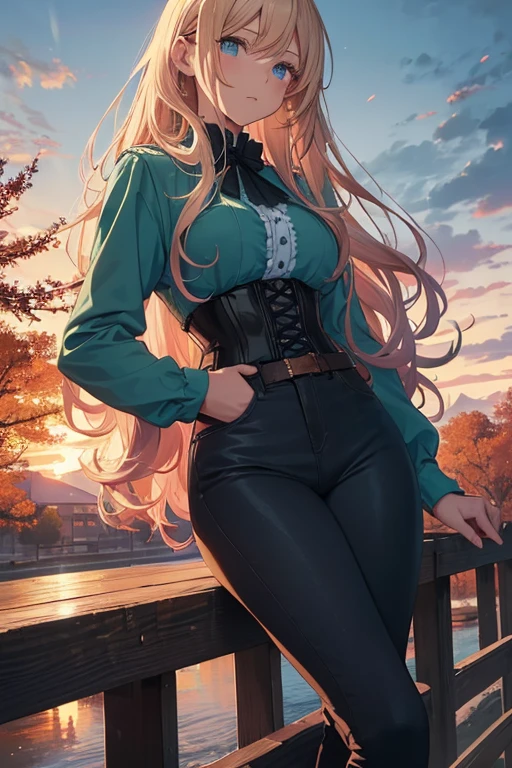 Illustration of a young, female teacher in an anime style. She has long, wavy blonde hair with pink highlights, wearing a light blue, ruffled blouse and a black corset over skinny tight jeans the color of a dark green. She is wearing black riding boots. Her expression is serious and slightly surprised. She has blue eyes and extends her hand forward holding a blue book with golden characters on the cover. The background shows a landscape transitioning from autumn to winter, with trees bearing both colorful autumn leaves and frosty branches, under a chilly, overcast sky.