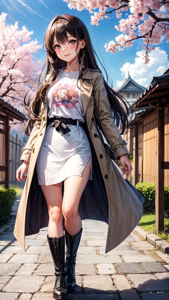young and beautiful girl. Big caramel brown eyes, loose hair, long straight, color gris, blushing cheeks, small nose, pink lips, well proportioned body, beautiful smile, He wears a long black trench coat, black skirt, boarded and short, black stockings, dark boots, white t-shirt with a drawing of a ferocious pitbull. In the background an ancient Japanese castle, blue sky and a cherry blossom tree.