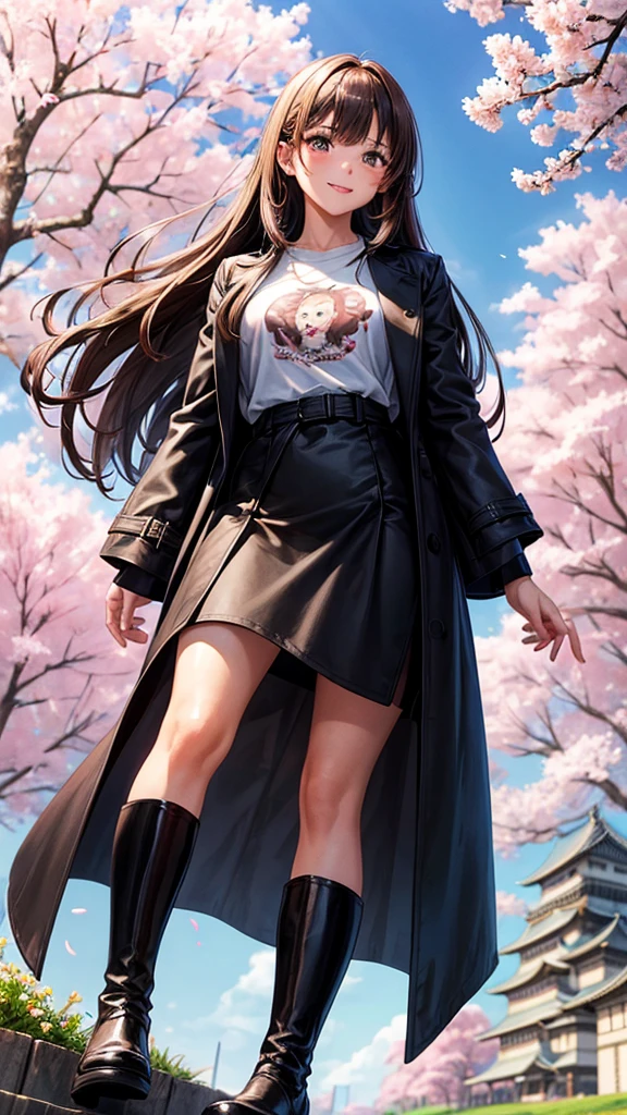 young and beautiful girl. Big caramel brown eyes, loose hair, long straight, color gris, blushing cheeks, small nose, pink lips, well proportioned body, beautiful smile, He wears a long black trench coat, black skirt, boarded and short, black stockings, dark boots, white t-shirt with a drawing of a ferocious pitbull. In the background an ancient Japanese castle, blue sky and a cherry blossom tree.