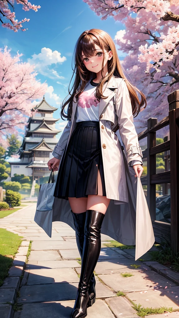 young and beautiful girl. Big caramel brown eyes, loose hair, long straight, color gris, blushing cheeks, small nose, pink lips, well proportioned body, beautiful smile, He wears a long black trench coat, black skirt, boarded and short, black stockings, dark boots, white t-shirt with a drawing of a ferocious pitbull. In the background an ancient Japanese castle, blue sky and a cherry blossom tree.