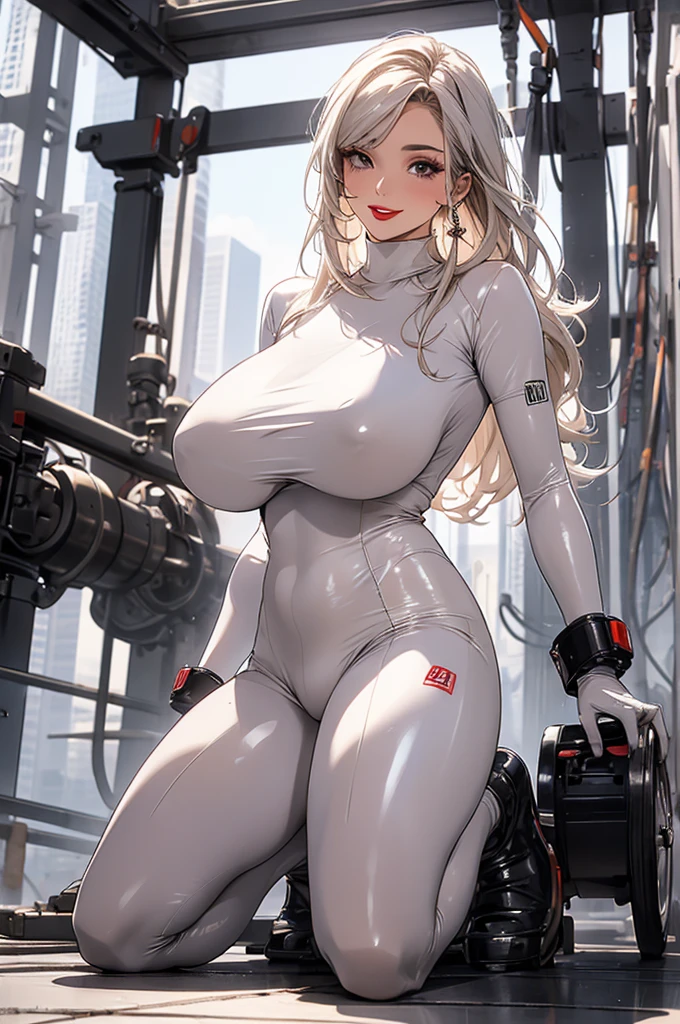 (Masterpiece, masterpiece, extremely detailed and precise).
A woman wearing a tight full-body latex suit. A white latex suit that tightens your body. BDSM. Plump body. Her huge breasts and huge ass are emphasized.
Protruding nipples. Crotch crack. Iron shackles on wrists and ankles. Long silver hair, bright red lips, and an obscene smile.
(Crawling on all fours, machine rape).
A lot of machinery lined up in the background.nsfw