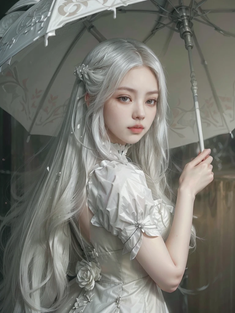 there is a woman with long white hair holding an victorian umbrella, victorian era, victorian vibes, artwork in the style of guweiz, guweiz, Guweiz Masterpiece, guweiz and pixiv artstation, guweiz and artstation pixiv, girl with white hair, with long white hair, with long white hair, flowing white hair, Perfect white hair girl, beautiful character painting