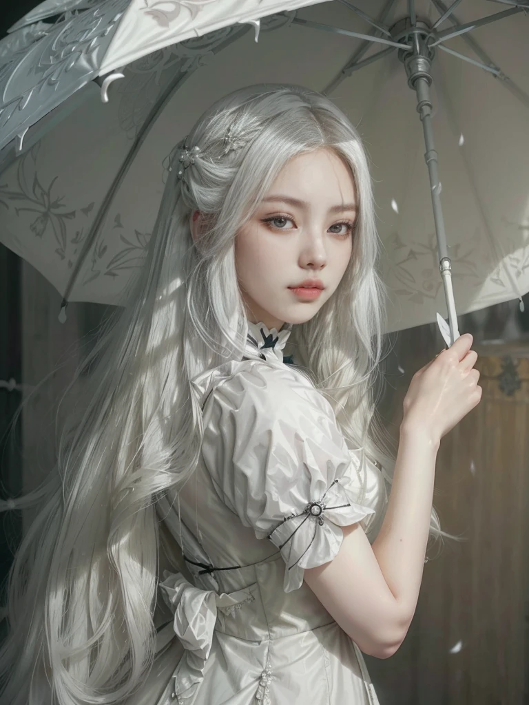 there is a woman with long white hair holding an victorian umbrella, victorian era, victorian vibes, artwork in the style of guweiz, guweiz, Guweiz Masterpiece, guweiz and pixiv artstation, guweiz and artstation pixiv, girl with white hair, with long white hair, with long white hair, flowing white hair, Perfect white hair girl, beautiful character painting