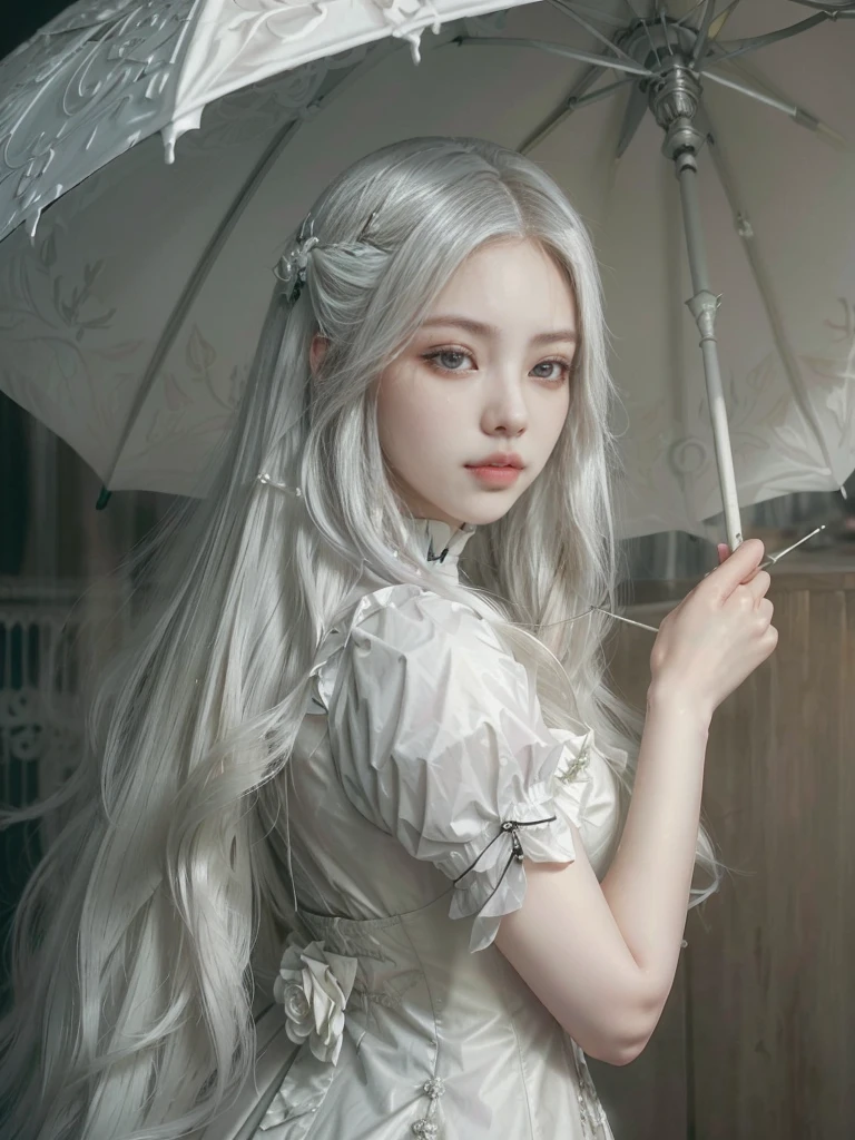 there is a woman with long white hair holding an victorian umbrella, victorian era, victorian vibes, artwork in the style of guweiz, guweiz, Guweiz Masterpiece, guweiz and pixiv artstation, guweiz and artstation pixiv, girl with white hair, with long white hair, with long white hair, flowing white hair, Perfect white hair girl, beautiful character painting