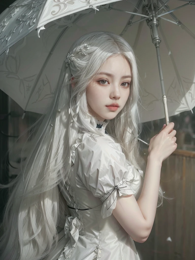 there is a woman with long white hair holding an victorian umbrella, victorian era, victorian vibes, artwork in the style of guweiz, guweiz, Guweiz Masterpiece, guweiz and pixiv artstation, guweiz and artstation pixiv, girl with white hair, with long white hair, with long white hair, flowing white hair, Perfect white hair girl, beautiful character painting