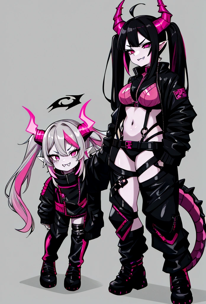 single adult female half dragon with grey skin, with black hair long twin tails style, with pink streaks, sharp teeth, black biker outfit, dragon tail and dragon horns full body