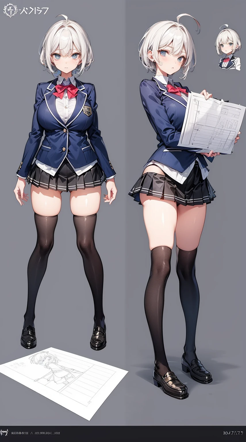 girl, alone, whole body, From head to toe, Are standing, (Huge_chest:1.3),
Character design sheet, Character Reference Sheet, 設計図のSchematic, Drafting, Blueprint, Schematic,
((Character design sheet:1.7, Character Reference Sheet:1.7,)),
anime/cartoon character wearing a girls , 1girl, alone, Thigh-high socks, blazer burezaa (blazer), Ahoge, Long Hair, bow, , shoes, loafers, ribbon, (Very short skirt:1.4), (panties:1.5),, (Good:1.5),In underwear:1.3