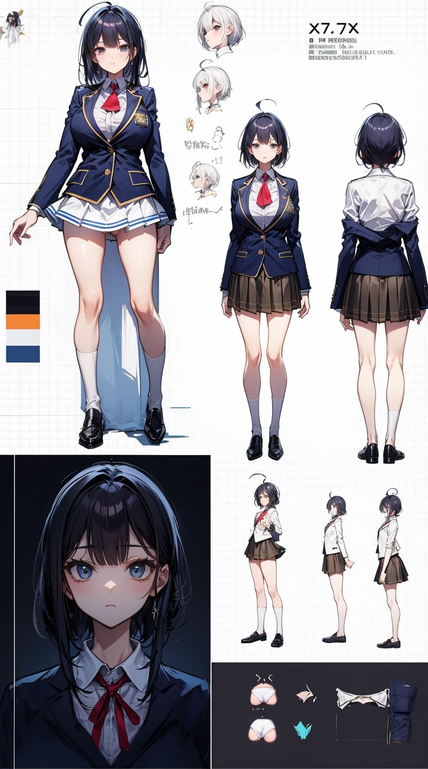 girl, alone, whole body, From head to toe, Are standing, (Huge_chest:1.3),

Character design sheet, Character Reference Sheet, 設計図のSchematic, Drafting, Blueprint, Schematic,
((Character design sheet:1.7, Character Reference Sheet:1.7,)),

anime/cartoon character wearing a girls , 1girl, alone, Thigh-high socks, blazer burezaa (blazer), Ahoge, Long Hair, bow, , shoes, loafers, ribbon, (Very short skirt:1.4), (panties:1.5),, (Good:1.5),In underwear