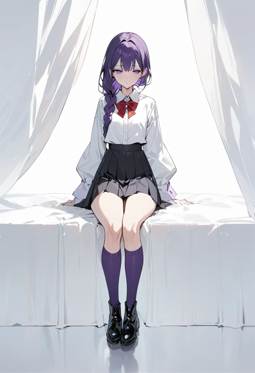 masterpiece, best quality, young woman, dark purple hair, very long single braid, bright purple eyes, white collared shirt with furisode sleeves, thin red bow tie with a diamond-shaped pin on the front of the bow under the collar, black high-waisted pleated skirt, dark purple high socks, black ankle boots, emotionless, calm, expressionless, simple white background, full body