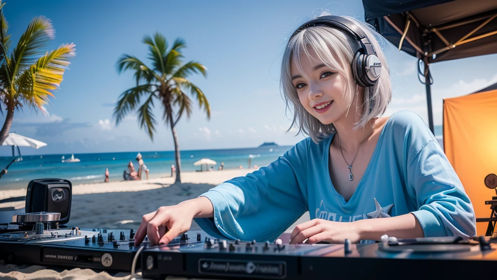 (ultra - detailed, 16K resolution, Cinema lenses, rendering by octane), (high resolution:1.18), intricate detail, (masterpiece:1.1), (highest quality:1.1), (1girl, portrait, white hair, blue eyes, short hair, detailed eyes),Wearing silver DJ headphones, Shiny silver sequined T-shirt, (in the beach:1.5), (Iconic hip-hop pop costumes:1.3), Smile while DJing on stage, DJ studio next to the beach, ((A stylish DJ stage on a hill overlooking the beach)), full body shot, Photorealistic photography by Sunshine, (cute round face:1.3), perfect fingers, five fingers, beautiful hands, perfect hands. master peace, cute smile.