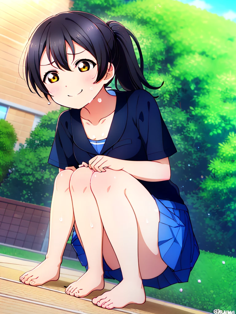 Residential Street,smile,Squat,1  ,ponytail,Black Hair,blush,Navy school swimsuit,barefoot,White skin,summer,From below,shy,Sweat,shy、Super big breasts、School swimsuit that looks like it's going to tear、Cleavage、Looking up、Sweatだく