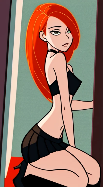 1girl, Bare arms, bare shoulders, breasts, Encouraging, green eyes, highres, indoors, Kim is possible, Kimberly, Knee up, Treasury, locker room, long  hair, midriff, black  tube top strapless, black mini skirt, Navel, Oira wa Arumagiro, orange hair, Pleated skirt, bum! bum! (support), sitting, skirt, small breasts long legs, black platform high heels, full body shot, solo