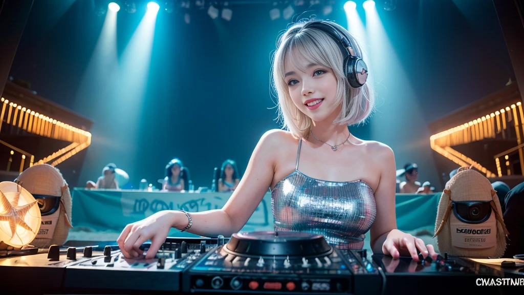 (ultra - detailed, 16K resolution, Cinema lenses, rendering by octane), (high resolution:1.18), intricate detail, (masterpiece:1.1), (highest quality:1.1), (1girl, portrait, white hair, blue eyes, short hair, detailed eyes),Wearing silver DJ headphones, Shiny silver sequined T-shirt, (in the beach:1.5), (Iconic hip-hop pop costumes:1.3), Smile while DJing on stage, DJ studio next to the beach, ((A stylish DJ stage on a hill overlooking the beach)), full body shot, Photorealistic photography by Sunshine, (cute round face:1.3), perfect fingers, five fingers, beautiful hands, perfect hands. master peace, cute smile.