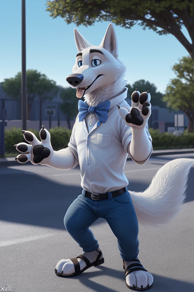 Gary \(Zootopia\), (white body:1.3), white fur, Blue eyes, Zootopia, dressed,shirt bow tie,jeans,leather strap sandals,thick sole doggy, wolf, detailed fur, male, antro, paw pads, finger claws, waving, waving at viewer, 5 fingers, paws, 4 toes,
BREAK from nextel, for dating, by xenoforge, (difficult, high detail, film photography, soft focus, RAW explicit cinema,
Photorealism, realistic, photorealistic, analog style, Subsurface scattering,
masterpiece, Best quality, ultra realistic, 8 k)
