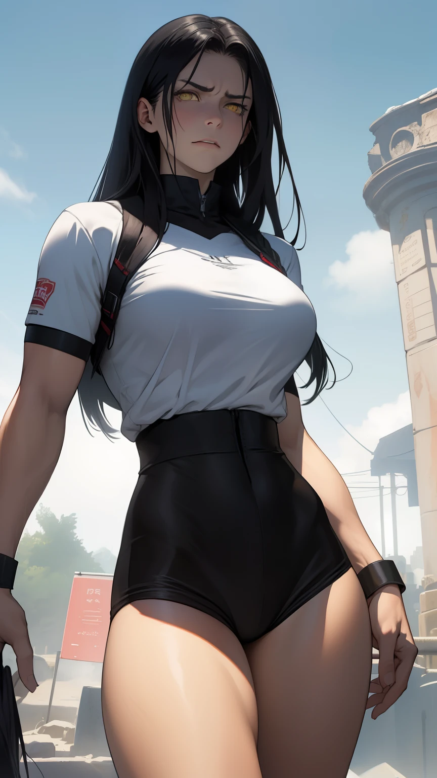 giant hair massive breasts huge muscles big thighs black hair yellow eyes pale skin angry sad girl thick as fuck long straight hair long straight hair