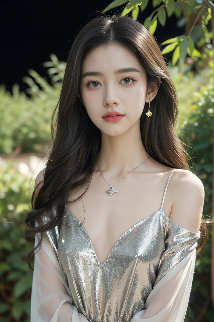 (((best quality))),(((ultra detailed))),(((masterpiece))),illustration,((A beautiful female astrologer,solo)),((slim,thin)),((small breasts,flat chest)),((shoulder length straight hair)),(sparkled shirt dress:1.3),standing beneath a magical summer night, stars twinkling in the velvety darkness,starry sky, sapphire eyes filled with wonder, flowing ethereal gown mimicking the stars, silver pendant shaped like a horoscope, lush greenery and rolling hills in the background, gentle breeze rustling leaves, sweet fragrance of wildflowers, serene smile and captivating gaze, celestial beauty and mystery, solace and inspiration in the vast expanse of the universe
