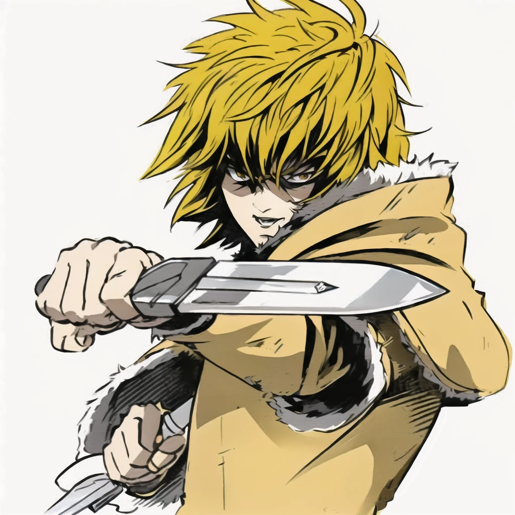 anime character with yellow hair holding a knife in his hand, kentaro miura manga art style, portrait of ninja slayer, key anime art, high quality colored sketch, striking manga artstyle, badass pose, best anime character design, advanced digital anime art ”, ichigo kurosaki, dio brando, genos, shigenori soejima illustration, trigger anime artstyle, thorfinn