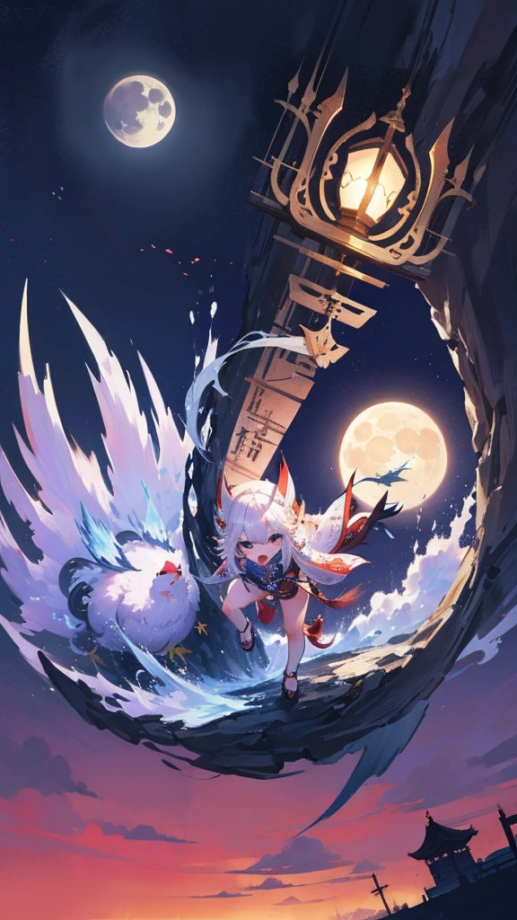 An oriental-style monster image running left and right around the screen., runaway chicken, light coming down vertically from above, Moonlit night
