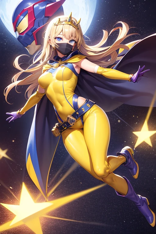 ((best quality)), ((masterpiece)), (detailed), 1 girl, Full body, 19 years old, Smiling face, Blue eyes, Star-shaped tiara, Arms outstretched, Arms behind waist, Masked, Eye mask, Blue superhero mask, Blushing, Blonde hair, Straight hair, Long hair, Bangs, 2 star clips on the sides of hair, Full body, Medium breasts, Slim body, Hands with yellow stars, Wrist bands, Long yellow gloves, Purple gloves, Superhero costume, Superheroes, Yellow leotard suit, With a big yellow star in the center, Star emblem, Somewhat tight, Long yellow cape on waist, Red belt, Purple thighs, Purple boots, Flying, City background, Anime