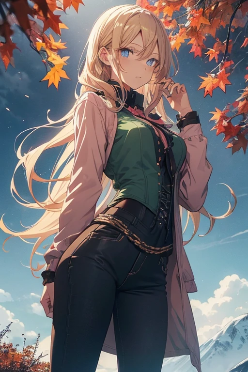 Illustration of a young, female teacher in an anime style. She has long, wavy blonde hair with pink highlights, wearing a light blue, ruffled blouse and a black corset over skinny tight jeans the color of a dark green. She is wearing black riding boots. Her expression is serious and slightly surprised. She has blue eyes and extends her hand forward holding a blue book with golden characters on the cover. The background shows a landscape transitioning from autumn to winter, with trees bearing both colorful autumn leaves and frosty branches, under a chilly, overcast sky.