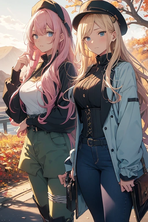 Illustration of a young, female teacher in an anime style. She has long, wavy blonde hair with pink highlights, wearing a light blue, ruffled blouse and a black corset over skinny tight jeans the color of a dark green. She is wearing black riding boots. Her expression is serious and slightly surprised. She has blue eyes and extends her hand forward holding a blue book with golden characters on the cover. The background shows a landscape transitioning from autumn to winter, with trees bearing both colorful autumn leaves and frosty branches, under a chilly, overcast sky.