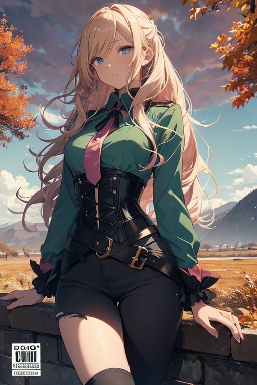 Illustration of a young, female teacher in an anime style. She has long, wavy blonde hair with pink highlights, wearing a light blue, ruffled blouse and a black corset over skinny tight jeans the color of a dark green. She is wearing black riding boots. Her expression is serious and slightly surprised. She has blue eyes and extends her hand forward holding a blue book with golden characters on the cover. The background shows a landscape transitioning from autumn to winter, with trees bearing both colorful autumn leaves and frosty branches, under a chilly, overcast sky.