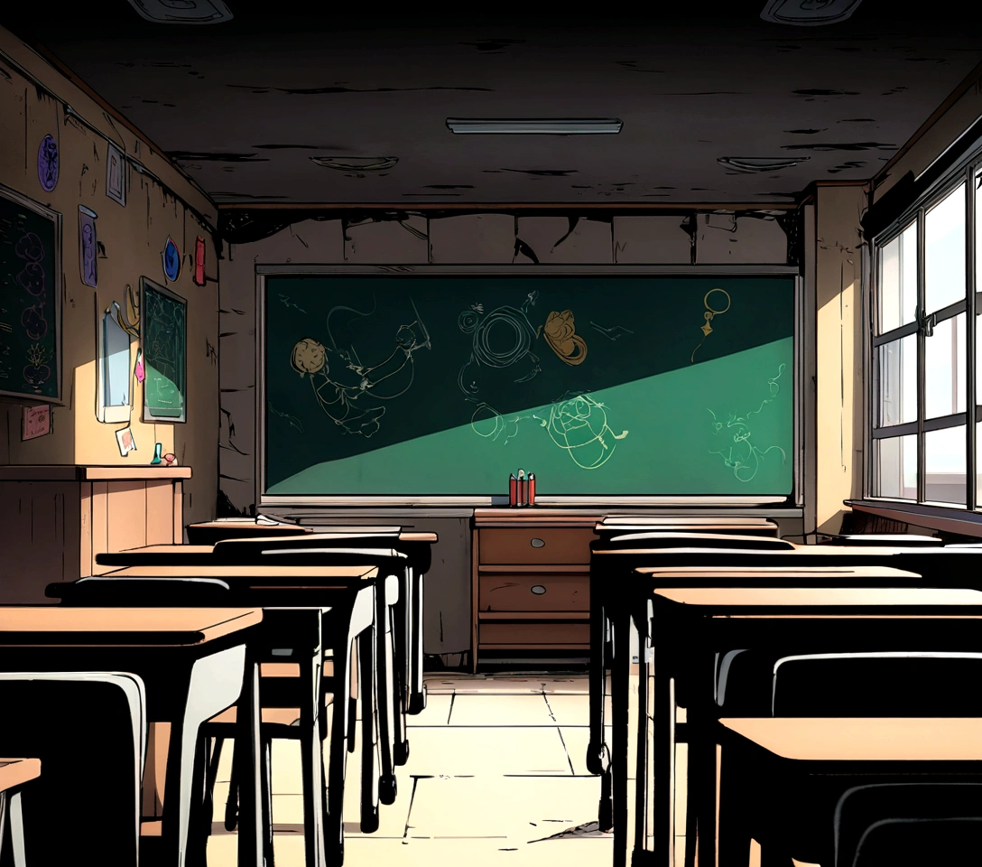 cartoon illustration of a classroom with a chalkboard and desks, classroom background, highschool background, background art, random background scene, detailed school background, background artwork, blackboard in background, personal room background, typical anime classroom, in a dungeon background, background image, blackboard, chalkboard, magic lab background, in a classroom, dungeon background, backroom background