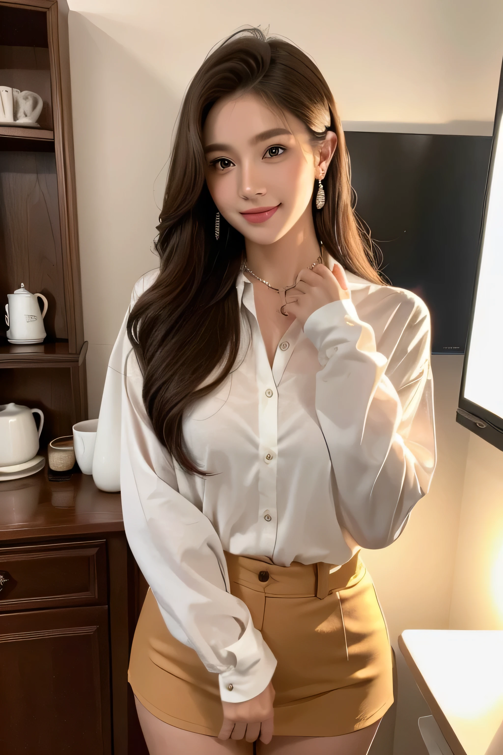 Ultra-high resolution, Better Quality, photo shoot, 4K, (Realistic:1.4) Freckle portrait photography , Big Breasts、Super long brown hair, Brown eyes,Wearing a white long sleeve button up blouse、White flared mini skirt,A shy smile,Gorgeous Necklace＿Big earrings,In a stylish office at night,Place your left hand gently on your chin，In a crowded café at dusk,Holding warm coffee in her hand