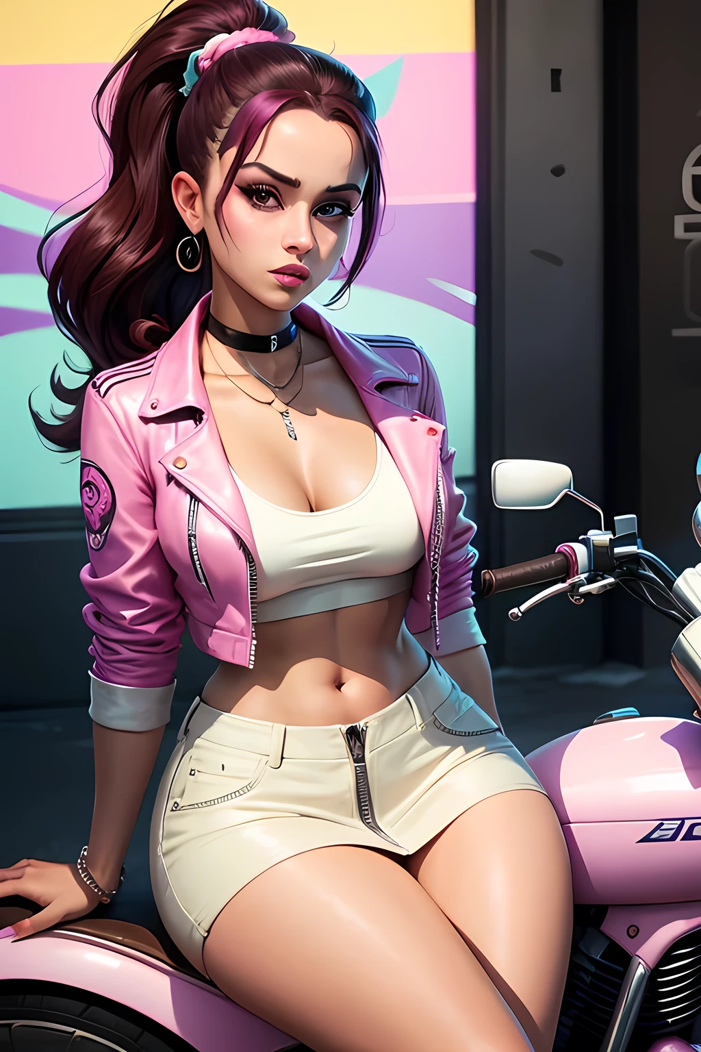 araffe woman sitting on a pink motorcycle in a parking lot, gta character, gta vice city style art, style of gta v artworks, gta vice city style, gta vice city remastered, gta artstyle, gta vice city art style, gta v character, vice city, as the protagonist of gta 5, ariana grande in gta v, gta art, gta art style