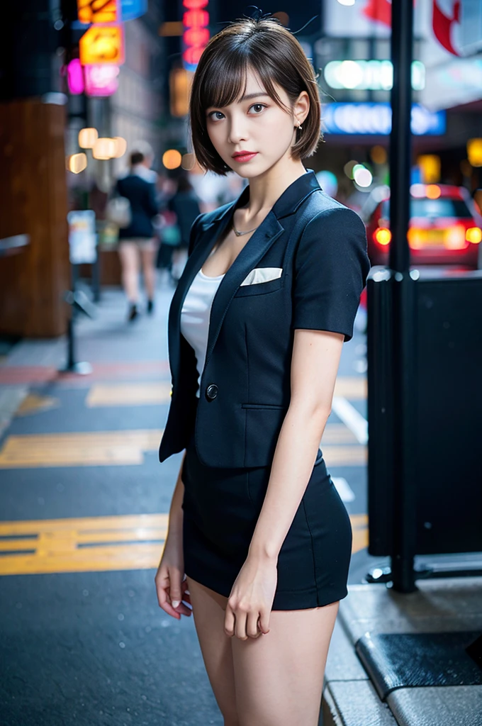 beautiful detailed girl, highly detailed eyes and face, detailed and beautiful eyes,alone, short_hair, office_lady, standing position, suit, high heels, (8k, RAW photo, highest quality, masterpiece: 1.2), (realistic, photorealistic: 1.37), professional lighting, radio city, Physically based rendering, blurred background, Look at the whole body, beautiful feet,