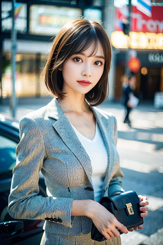 beautiful detailed girl, highly detailed eyes and face, detailed and beautiful eyes,alone, short_hair, office_lady, standing position, suit, high heels, (8k, RAW photo, highest quality, masterpiece: 1.2), (realistic, photorealistic: 1.37), professional lighting, radio city, Physically based rendering, blurred background, Look at the whole body, beautiful feet,